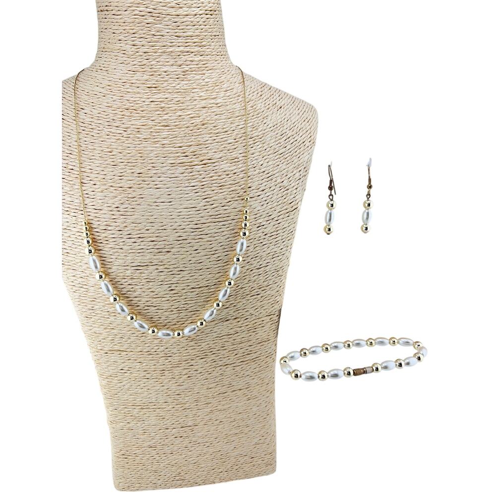 Vintage Matching Faux Pearl and Gold-Tone Spacer Bead Three-Piece Jewelry Set